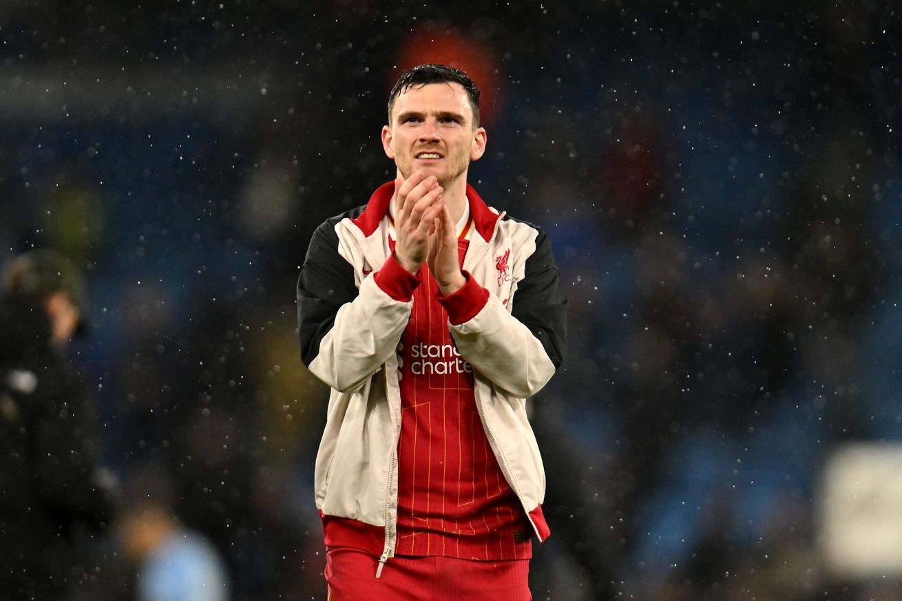 Andrew Robertson of Liverpool acknowledges the fans after the Premier League match between Manchester City FC and Liverpool FC at Etihad Stadium on February 23, 2025 in Manchester, England.