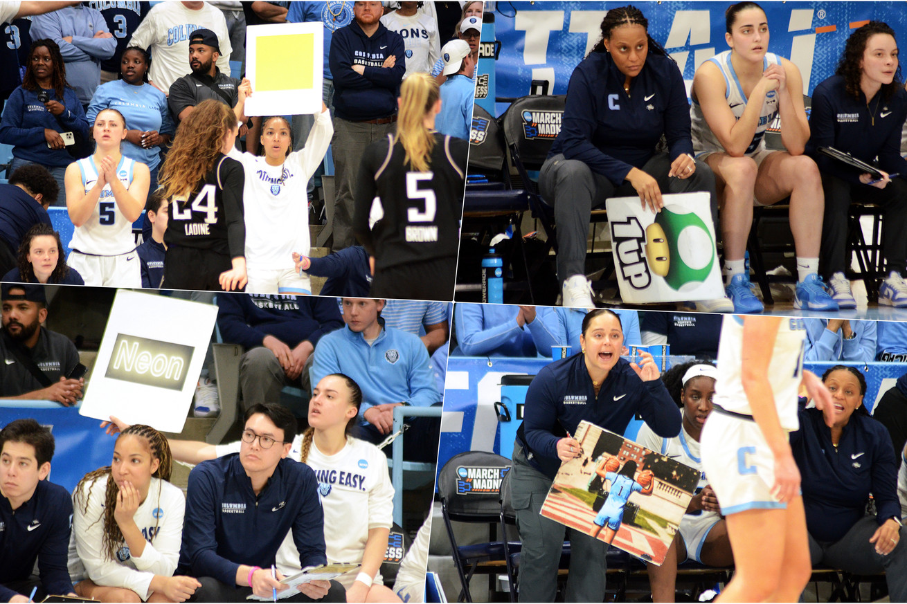 Players and coaches on the Columbia bench hold up signs with different images during their First Four NCAA Tournament game against Washington in Chapel Hill, North Carolina on March 20, 2025.