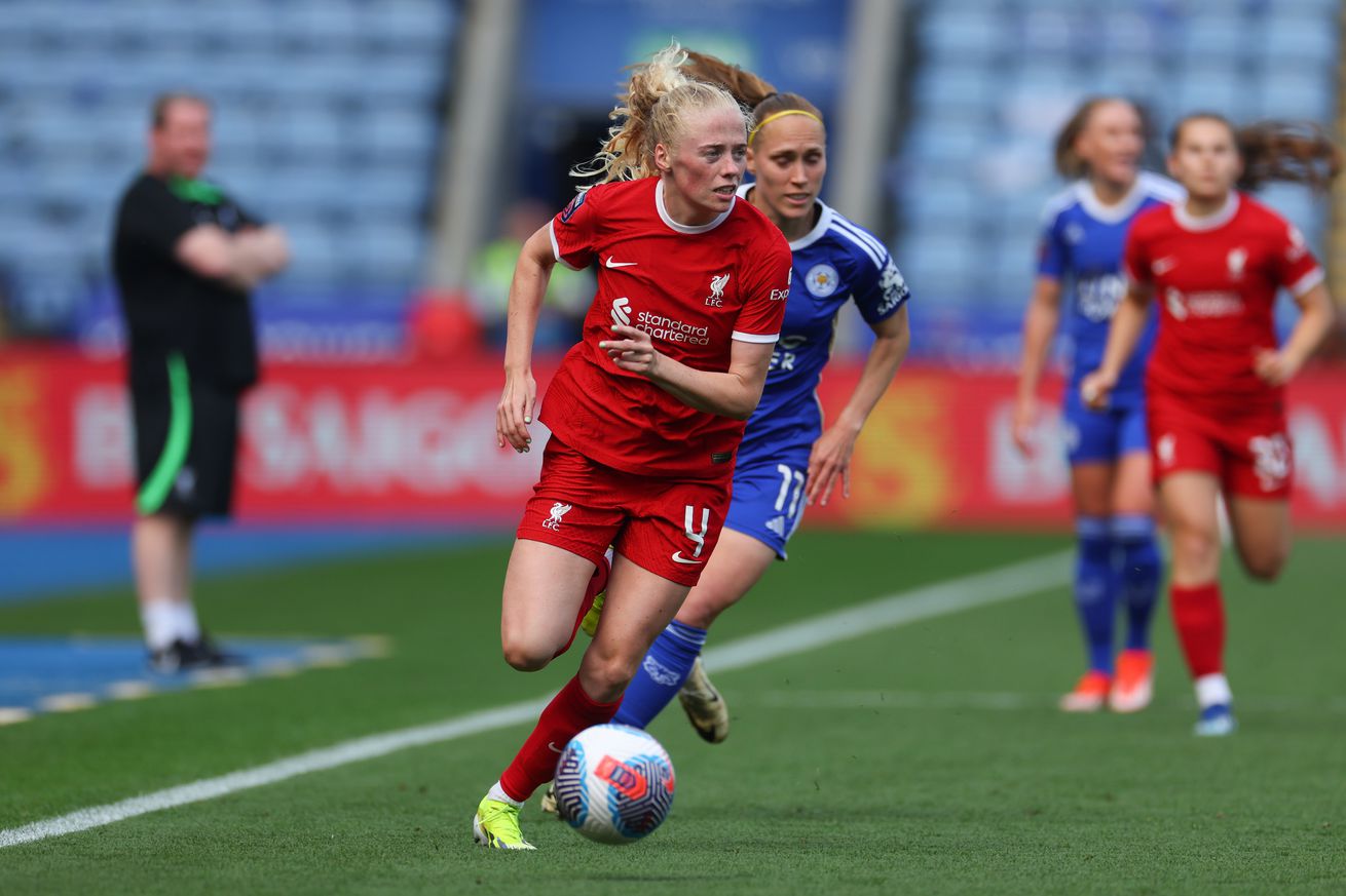 Grace Fisk on the ball for Liverpool FC Women against Leicester City