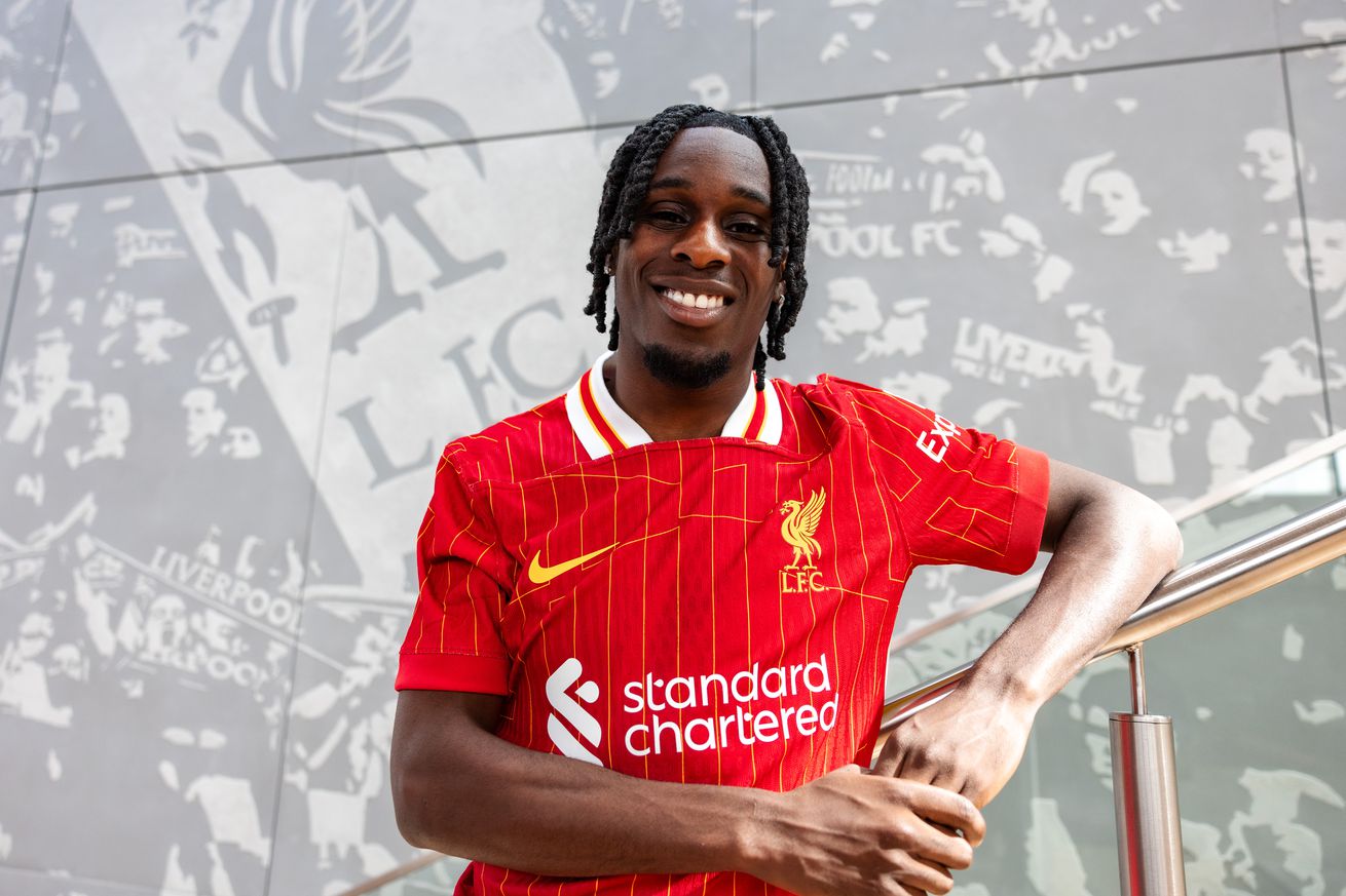 Jeremie Frimpong new signing of Liverpool at AXA Training Centre on May 30, 2025 in Kirkby, England.